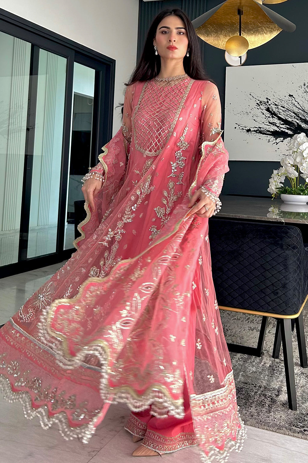 Saad Shaikh Fleurie Vol-02 Luxury Embroidered Net 3Pc Suit - Sandy - House Of Hania
