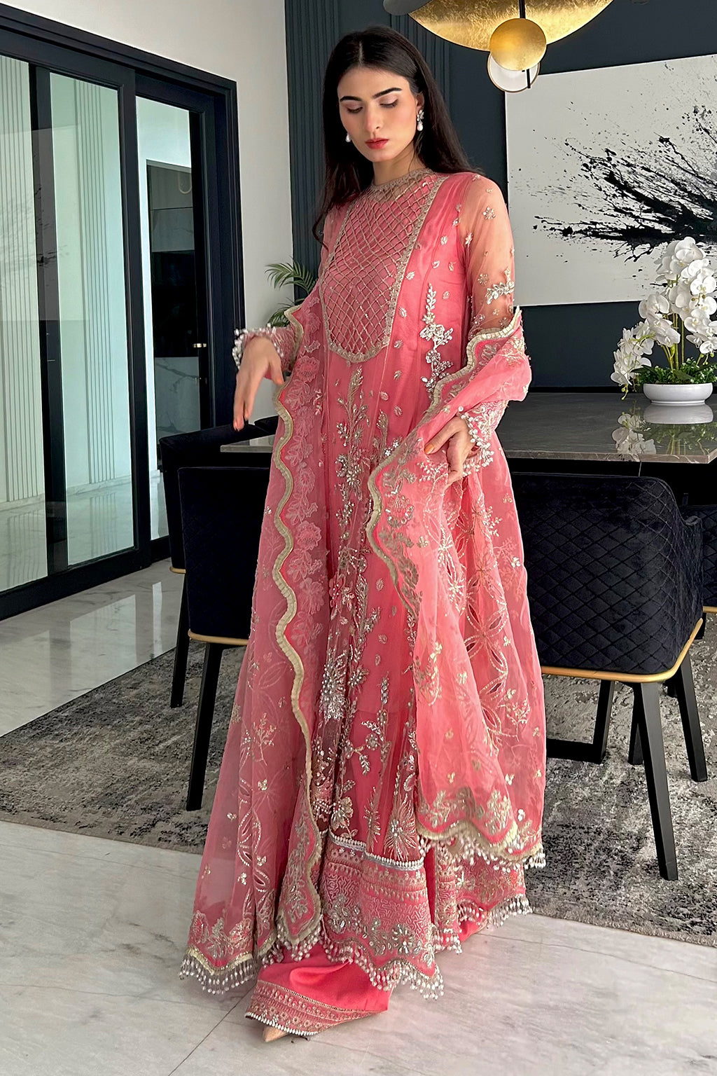 Saad Shaikh Fleurie Vol-02 Luxury Embroidered Net 3Pc Suit - Sandy - House Of Hania