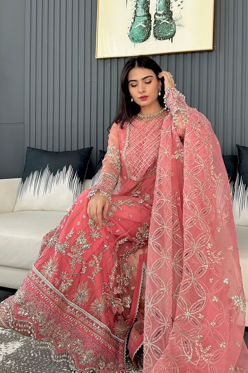 Saad Shaikh Fleurie Vol-02 Luxury Embroidered Net 3Pc Suit - Sandy - House Of Hania