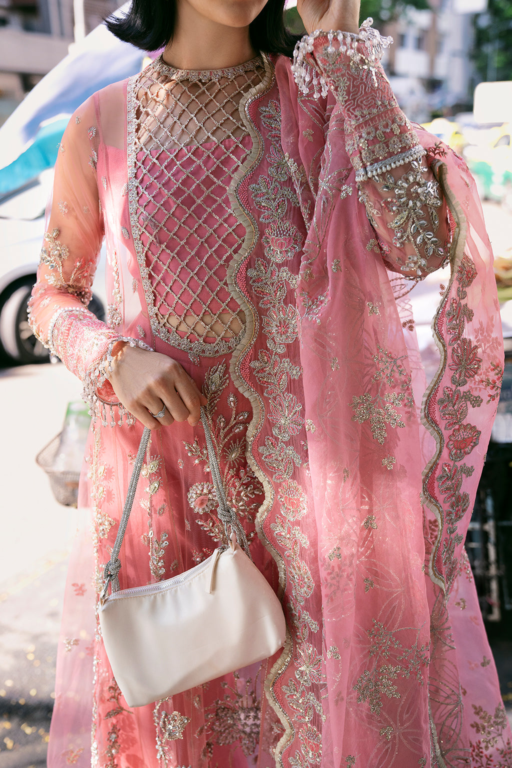 Saad Shaikh Fleurie Vol-02 Luxury Embroidered Net 3Pc Suit - Sandy - House Of Hania