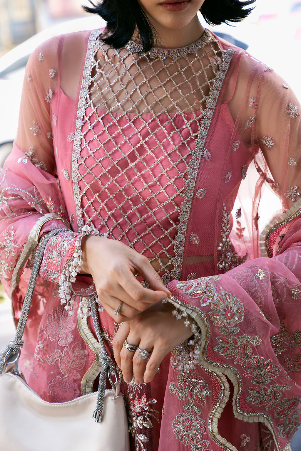 Saad Shaikh Fleurie Vol-02 Luxury Embroidered Net 3Pc Suit - Sandy - House Of Hania