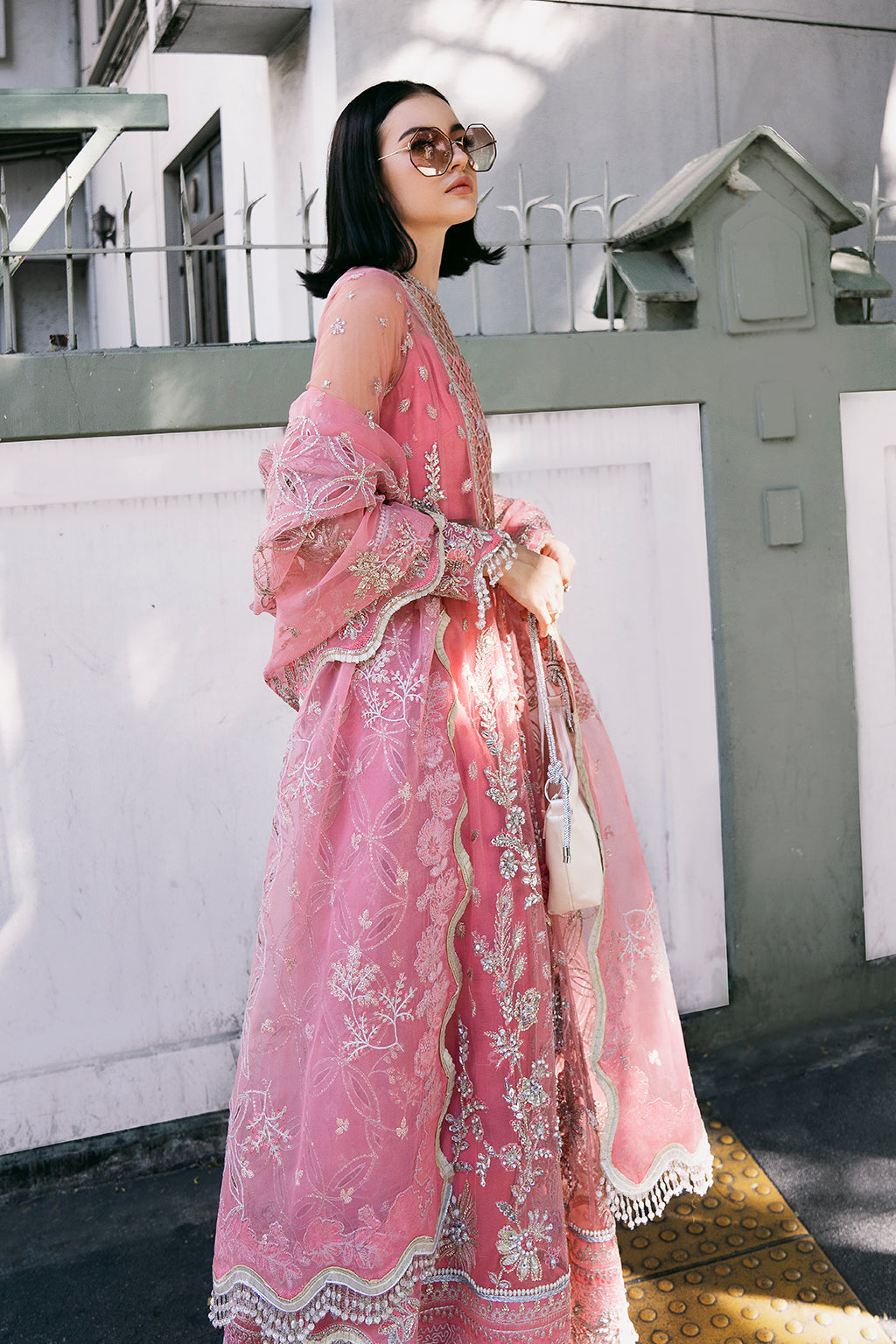 Saad Shaikh Fleurie Vol-02 Luxury Embroidered Net 3Pc Suit - Sandy - House Of Hania