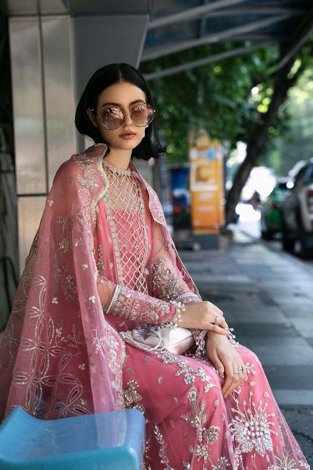Saad Shaikh Fleurie Vol-02 Luxury Embroidered Net 3Pc Suit - Sandy - House Of Hania