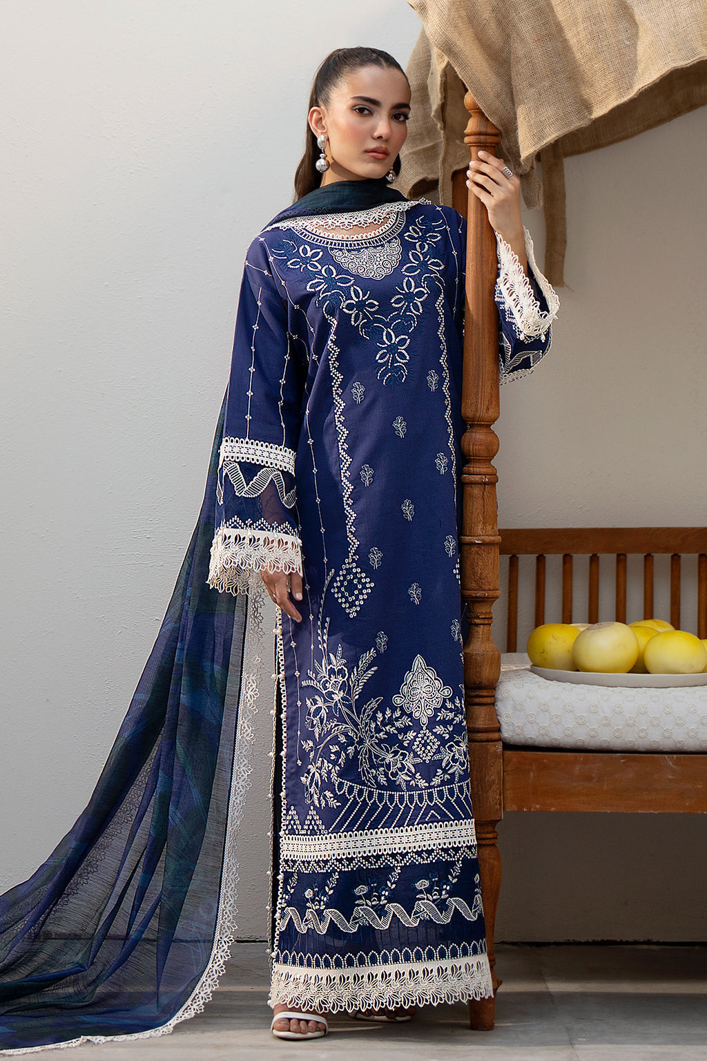 Saad Shaikh Luxe Embroidered Lawn 3Pc Suit - Tawny - House Of Hania