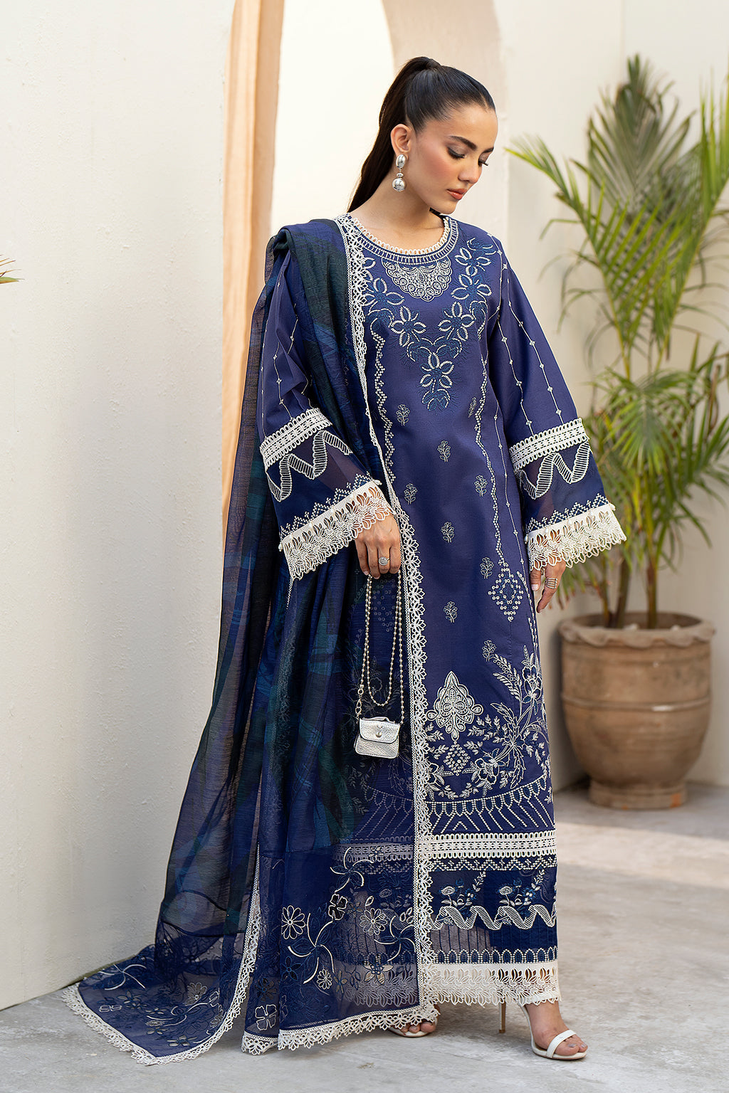 Saad Shaikh Luxe Embroidered Lawn 3Pc Suit - Tawny - House Of Hania