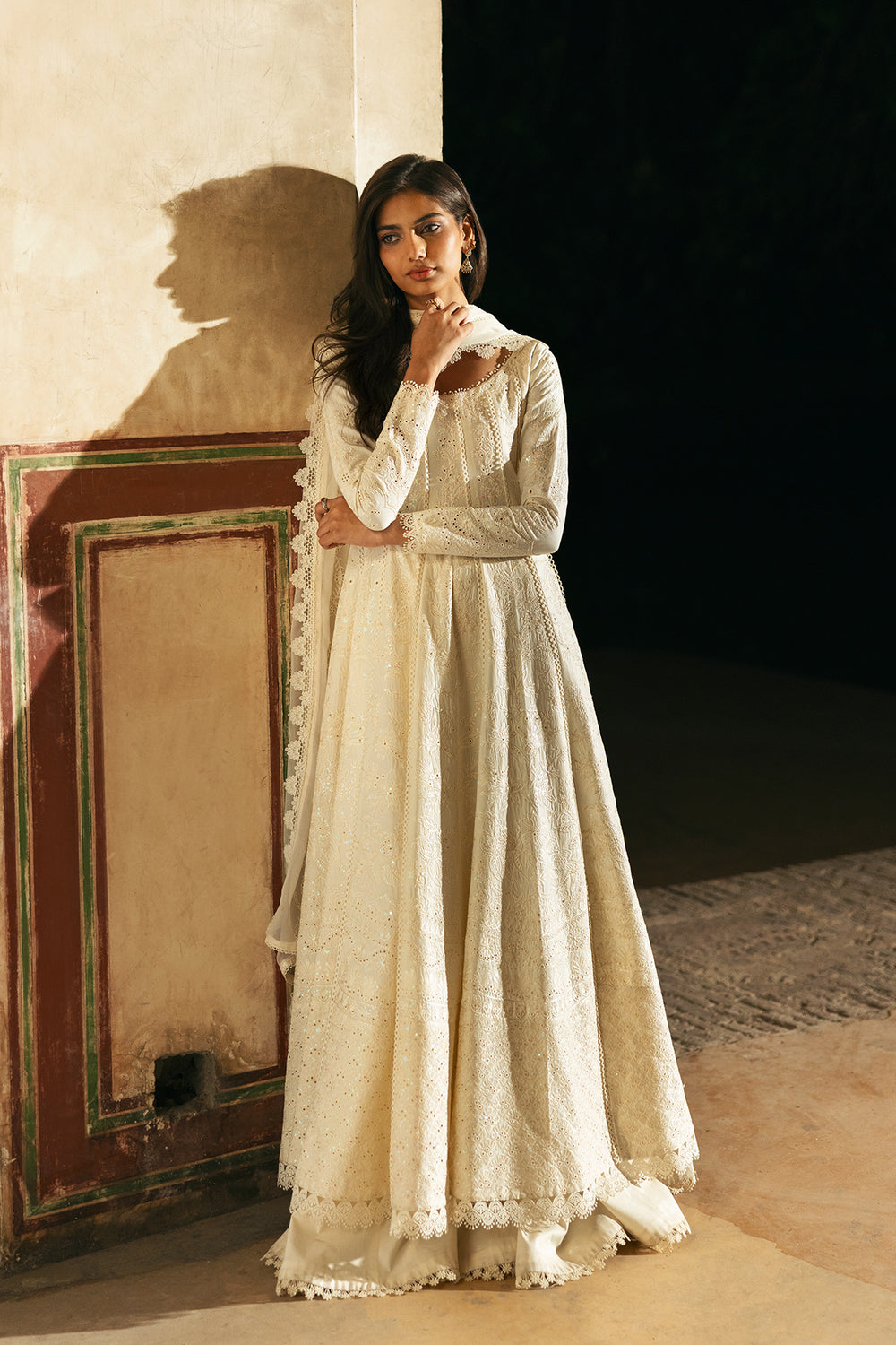 Model wearing Afrozeh Ishq ivory shirt & trouser set