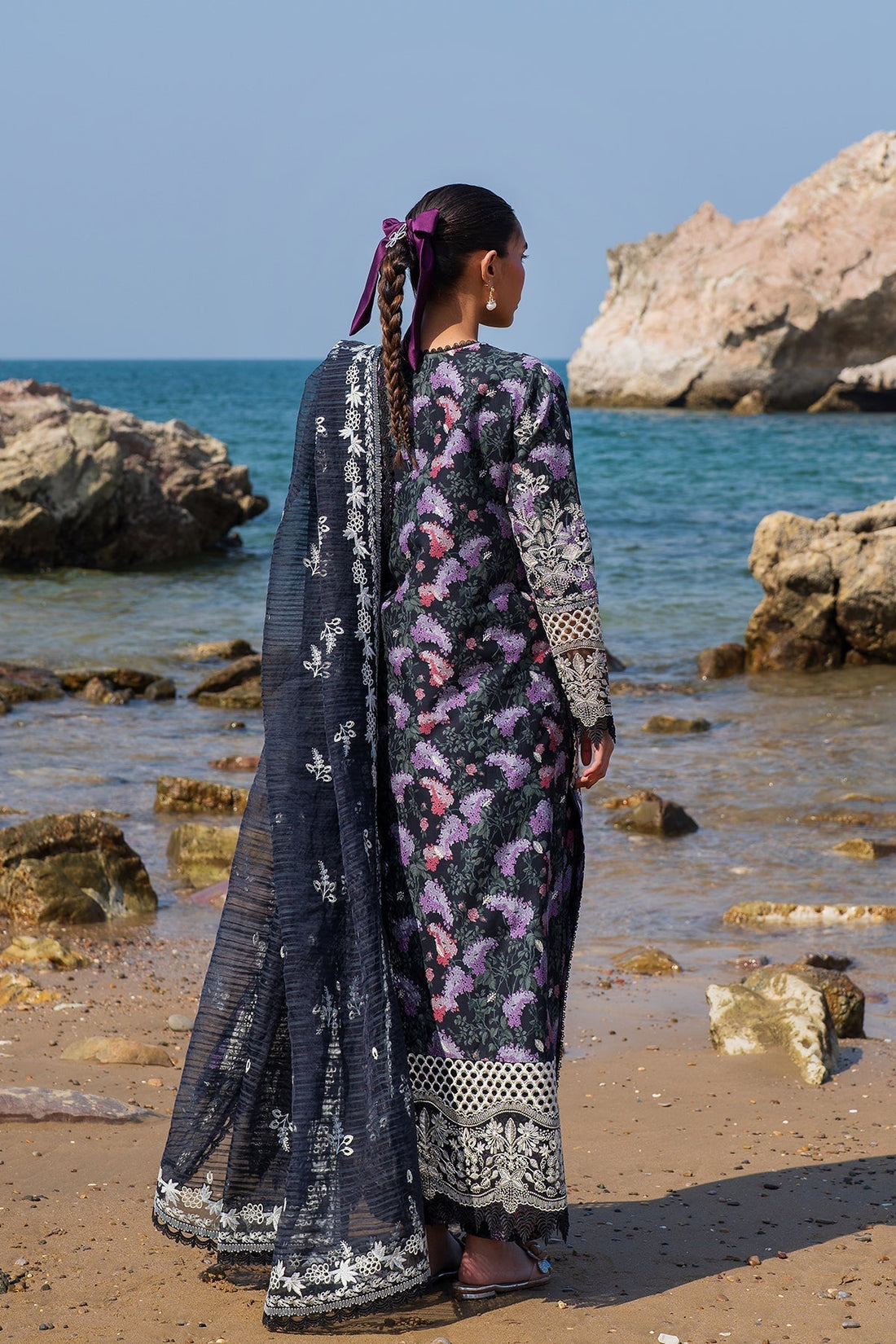 Model wearing Afrozeh Velour embroidered lawn suit