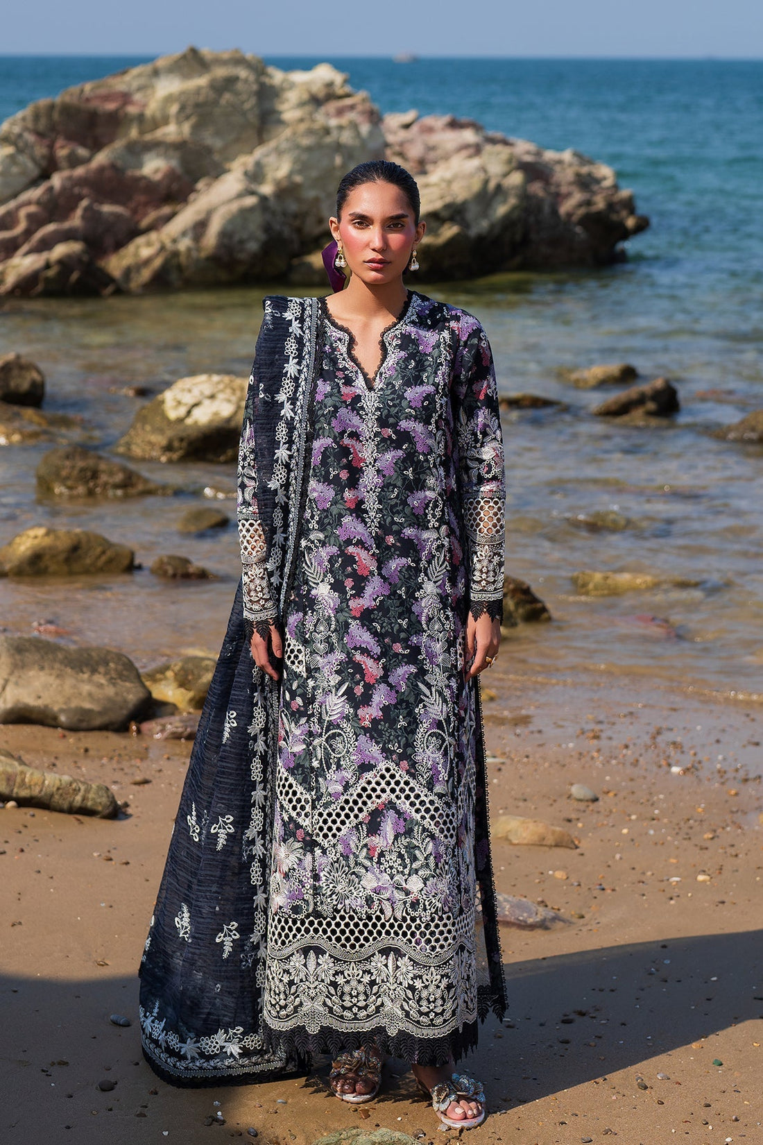 Model wearing Afrozeh Velour embroidered lawn suit