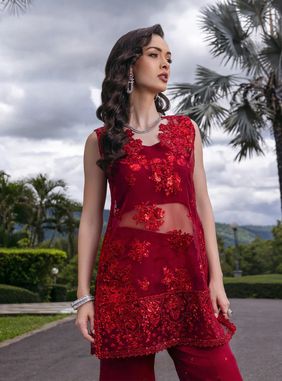 Zainab Chottani Embroidered Organza 3Pc Suit D-09 Ruby Luxe - House Of Hania