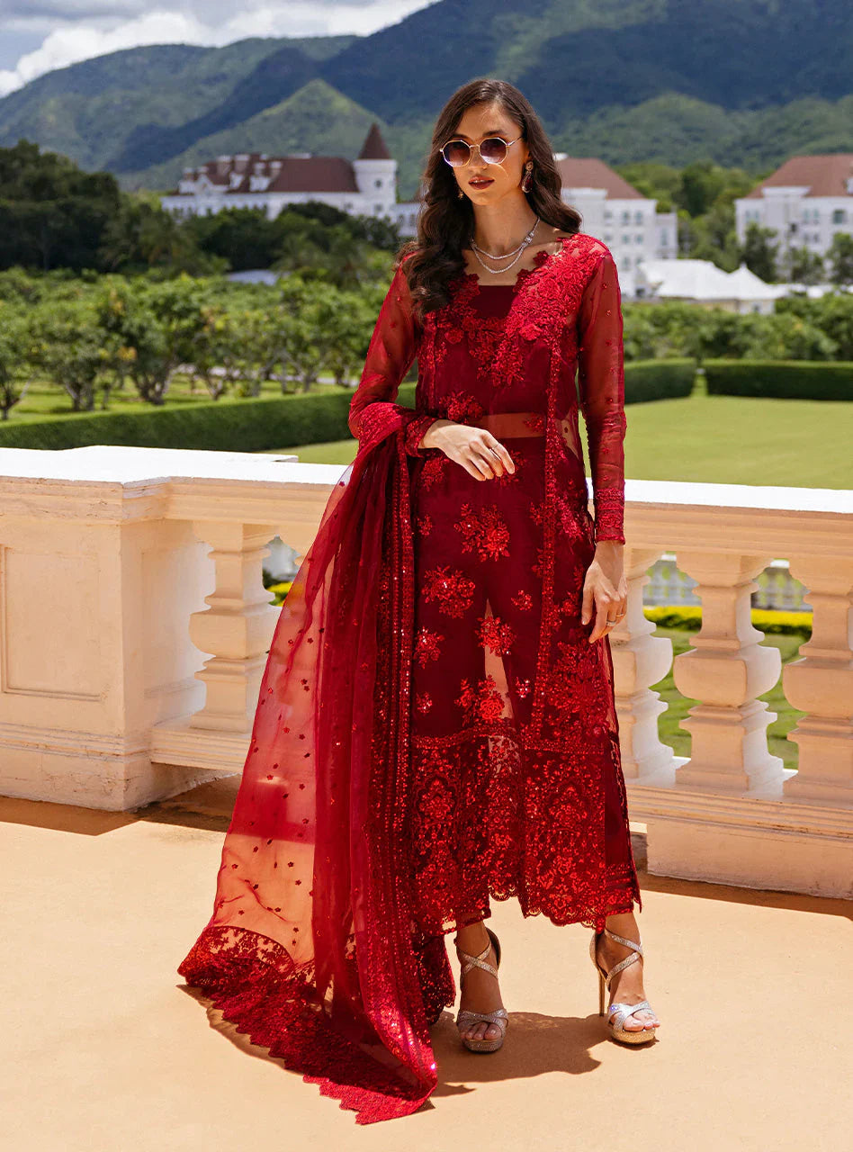 Zainab Chottani Embroidered Organza 3Pc Suit D-09 Ruby Luxe - House Of Hania