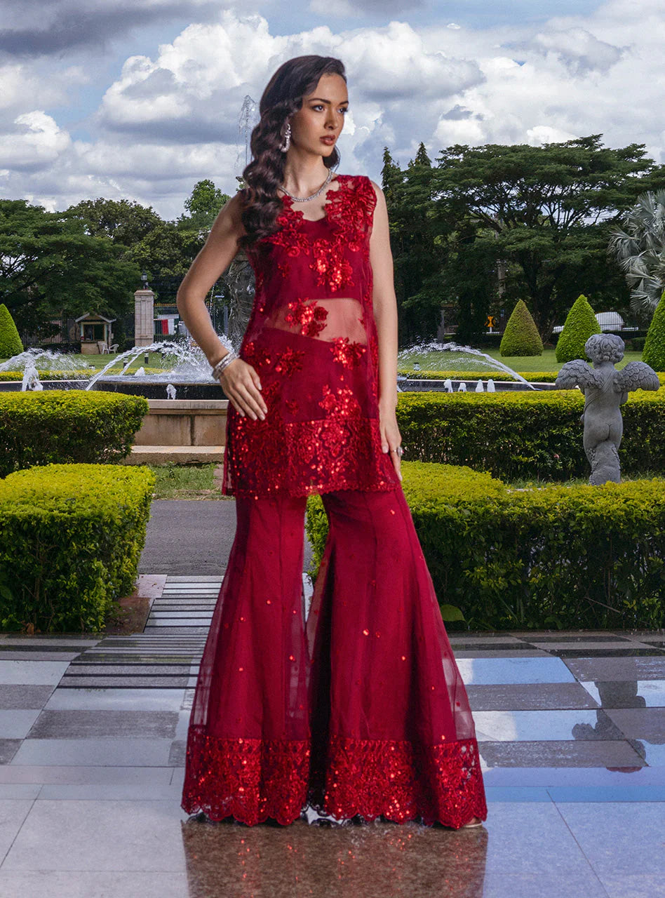 Zainab Chottani Embroidered Organza 3Pc Suit D-09 Ruby Luxe - House Of Hania