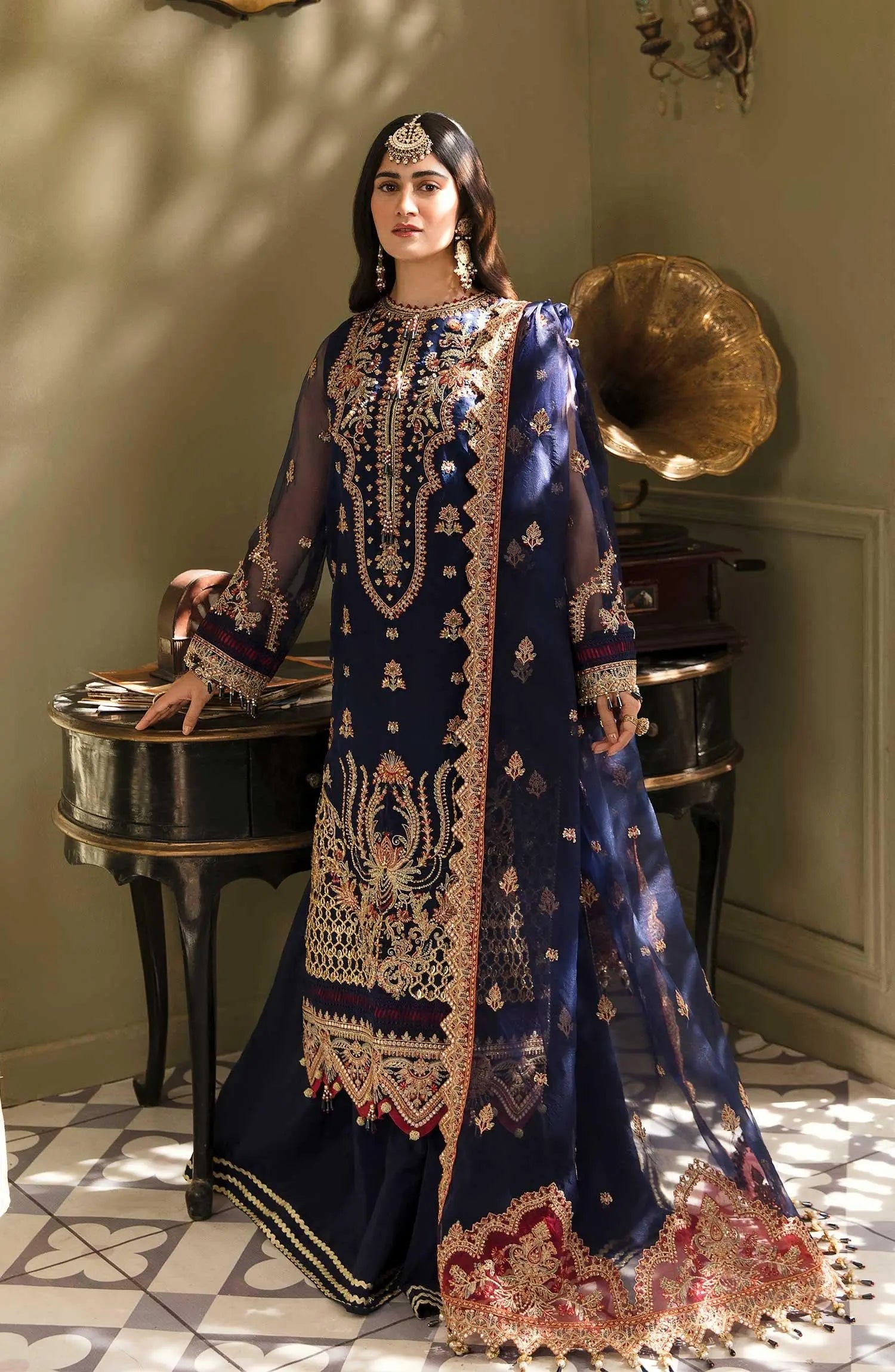 Zarin by Eleshia Embroidered Organza 3Pc Suit - SAARYA - House Of Hania