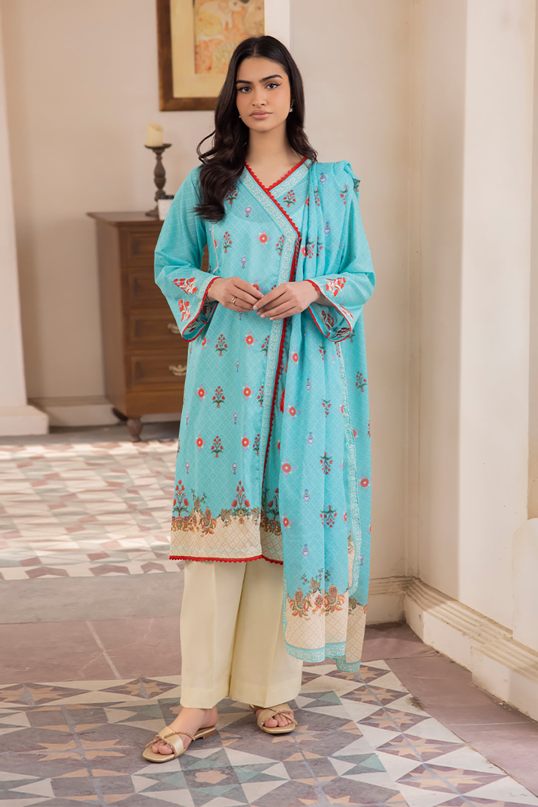 Zellbury | Unstitched 2 Piece Blue | Embroidered Shirt Dupatta - 1023 - House Of Hania