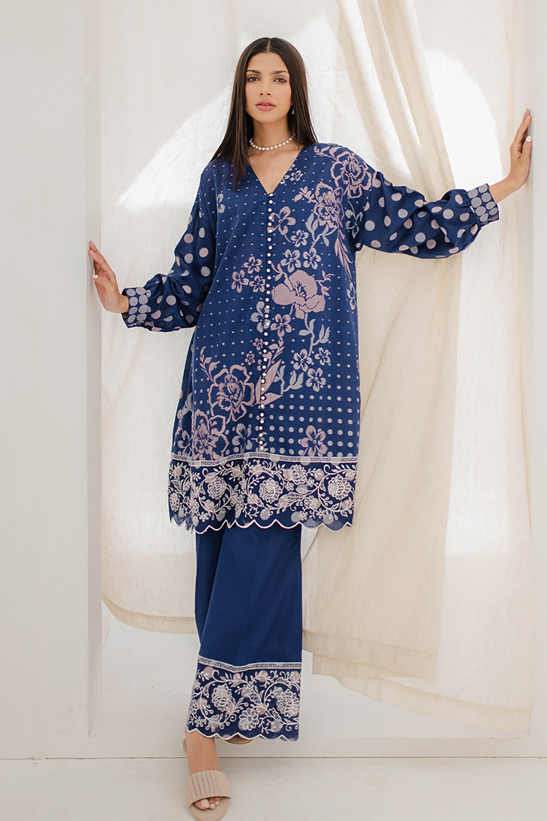 Zellbury | Unstitched 2 Piece Blue | Embroidered Shirt Shalwar - 0672 - House Of Hania