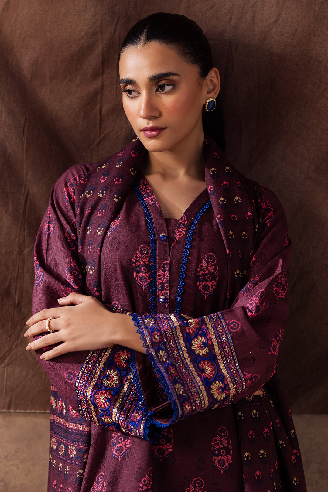Zellbury | Unstitched 2 Piece Khaddar | Embroidered Shirt Dupatta - 0263 - House Of Hania