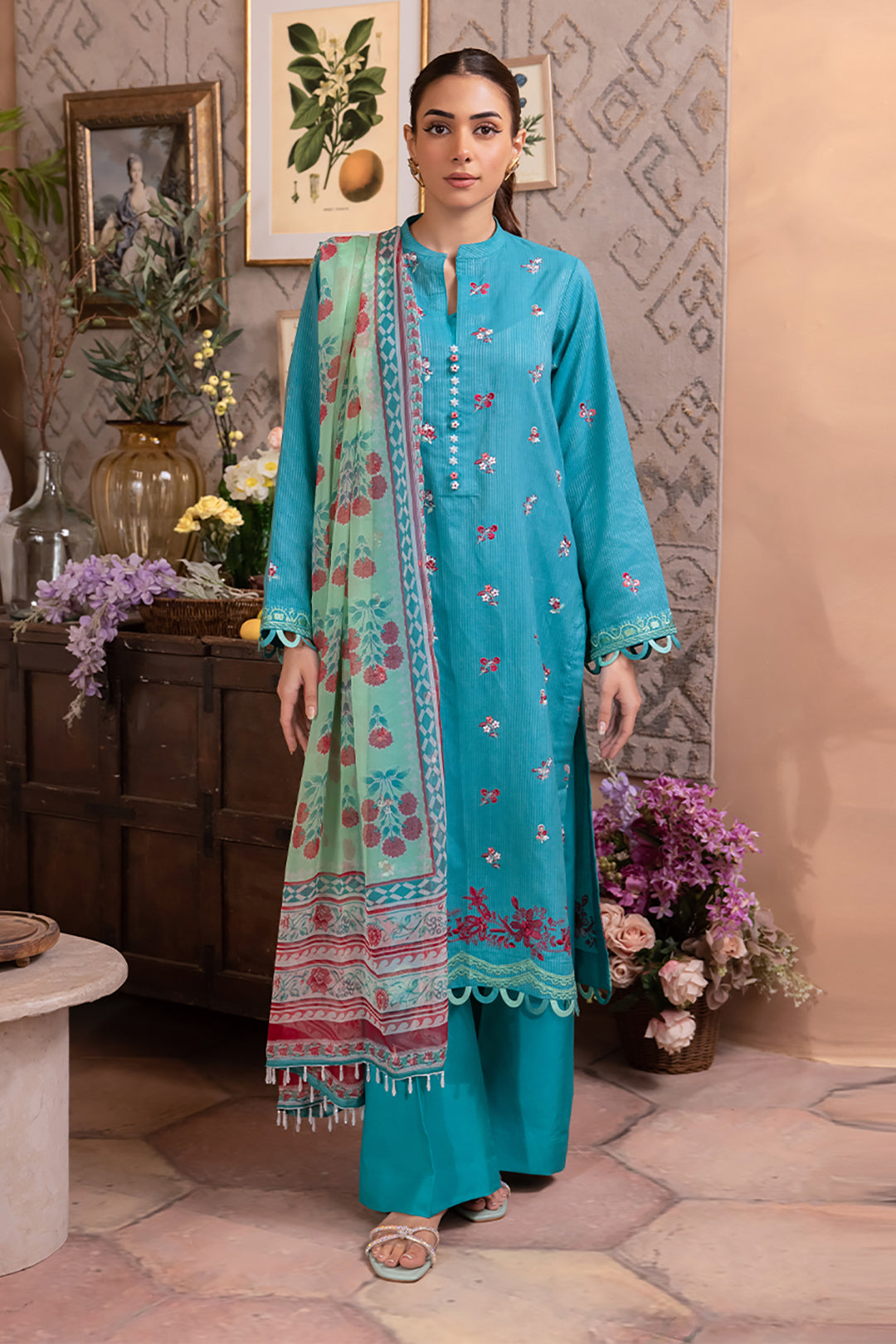 Zellbury | Unstitched 3 Piece Blue | Embroidered Shirt Shalwar Dupatta - 1115 - House Of Hania