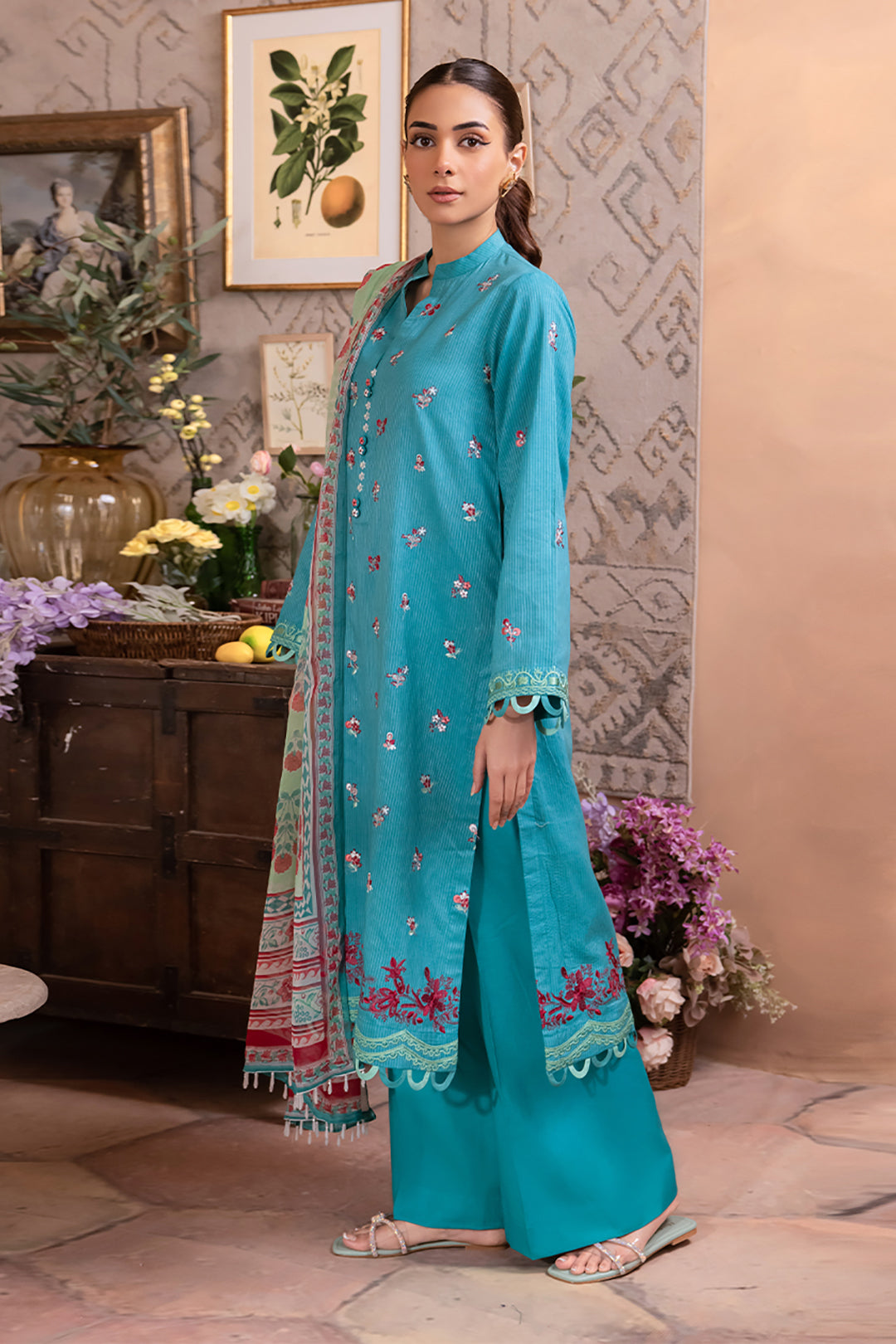 Zellbury | Unstitched 3 Piece Blue | Embroidered Shirt Shalwar Dupatta - 1115 - House Of Hania