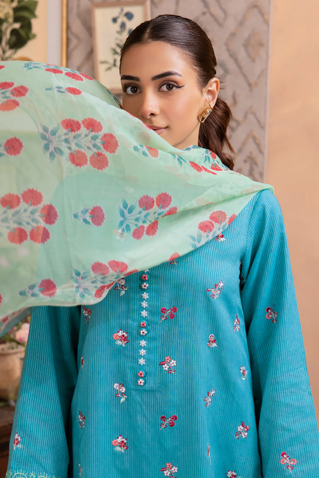 Zellbury | Unstitched 3 Piece Blue | Embroidered Shirt Shalwar Dupatta - 1115 - House Of Hania
