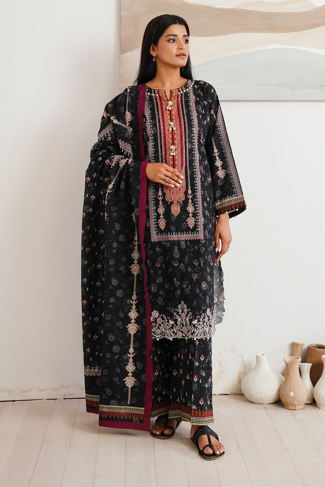 Zellbury | Unstitched 3 Piece Cambric | Embroidered Shirt Shalwar Dupatta - 0063 - House Of Hania