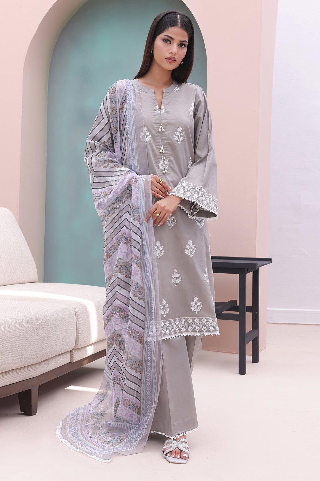 Zellbury | Unstitched 3 Piece Cambric | Embroidered Shirt Shalwar Dupatta - 0601 - House Of Hania