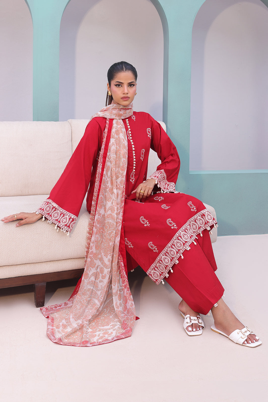 Zellbury | Unstitched 3 Piece Cambric | Embroidered Shirt Shalwar Dupatta - 0602 - House Of Hania