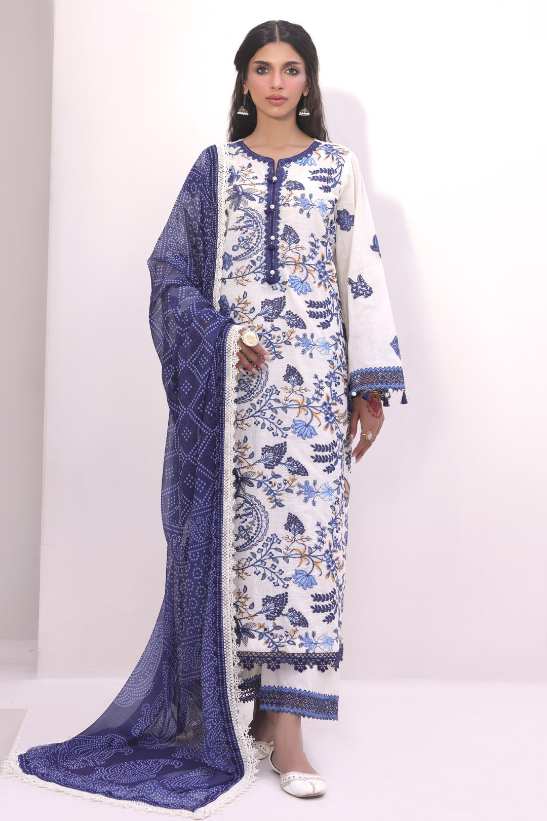 Zellbury | Unstitched 3 Piece Cambric | Embroidered Shirt Shalwar Dupatta - 1554 - House Of Hania