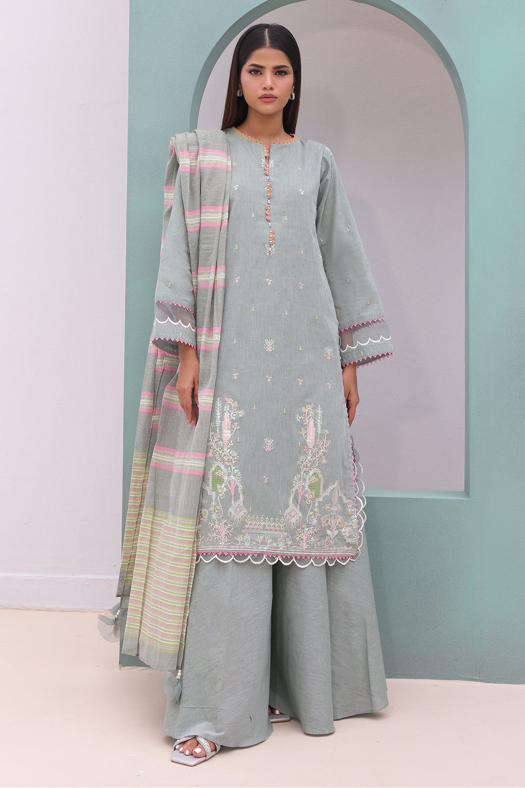 Zellbury | Unstitched 3 Piece Chambray | Embroidered Shirt Shalwar Dupatta - 0075 - House Of Hania