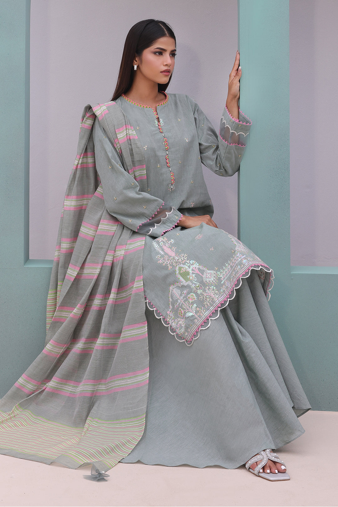 Zellbury | Unstitched 3 Piece Chambray | Embroidered Shirt Shalwar Dupatta - 0075 - House Of Hania