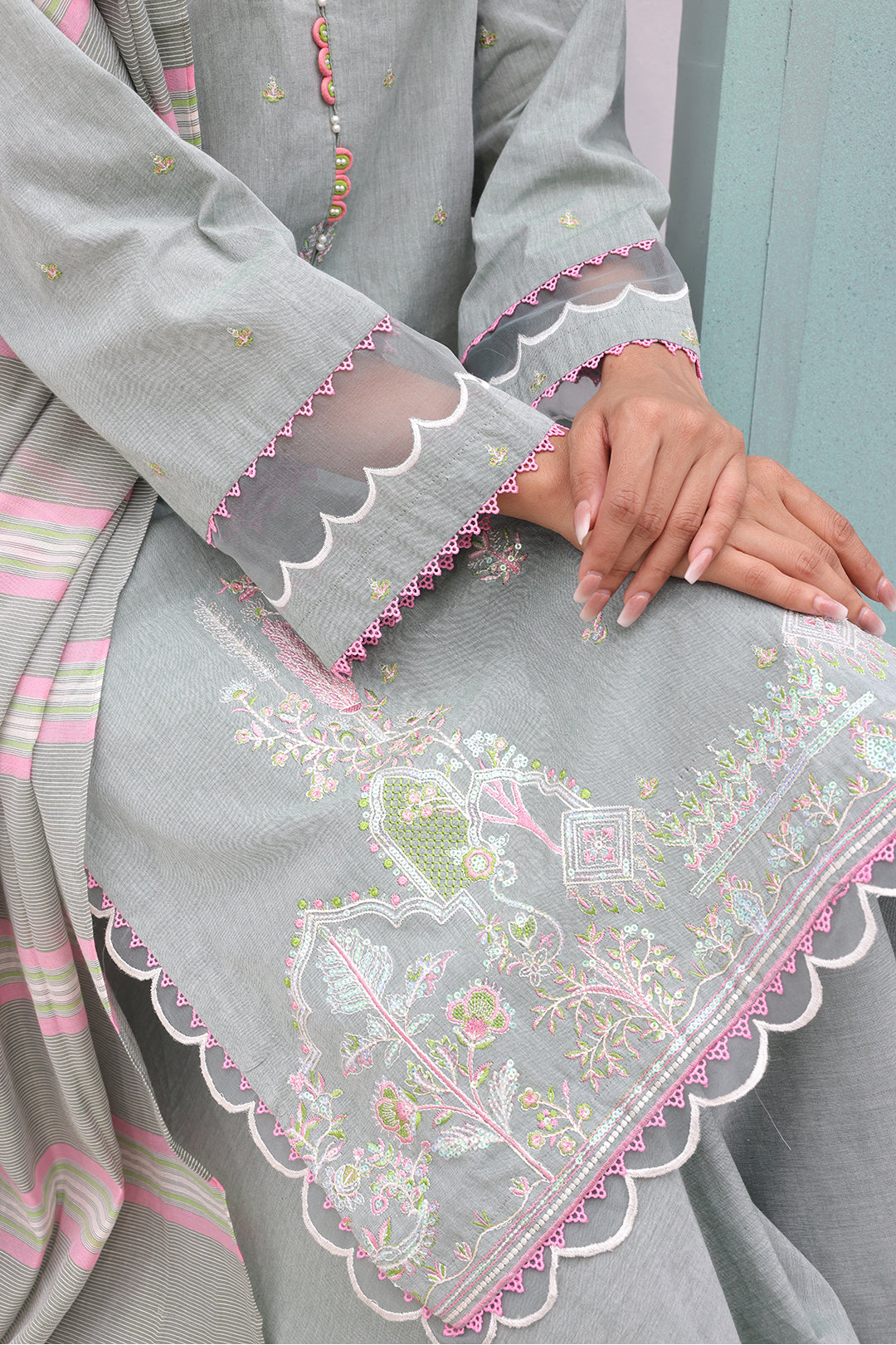 Zellbury | Unstitched 3 Piece Chambray | Embroidered Shirt Shalwar Dupatta - 0075 - House Of Hania