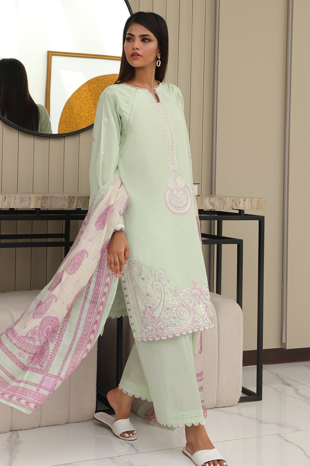 Zellbury | Unstitched 3 Piece Chambray | Embroidered Shirt Shalwar Dupatta - 0077 - House Of Hania