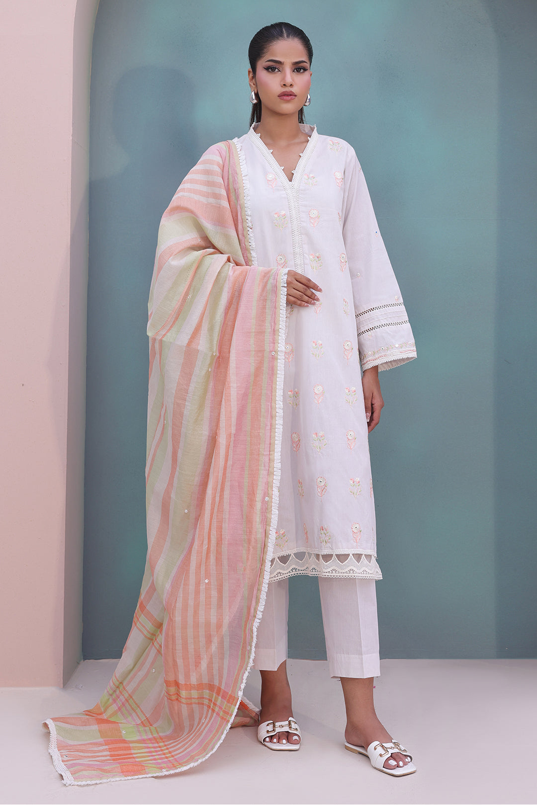 Zellbury | Unstitched 3 Piece Chambray | Embroidered Shirt Shalwar Dupatta - 0078 - House Of Hania