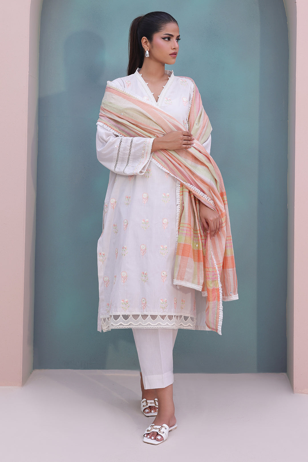 Zellbury | Unstitched 3 Piece Chambray | Embroidered Shirt Shalwar Dupatta - 0078 - House Of Hania