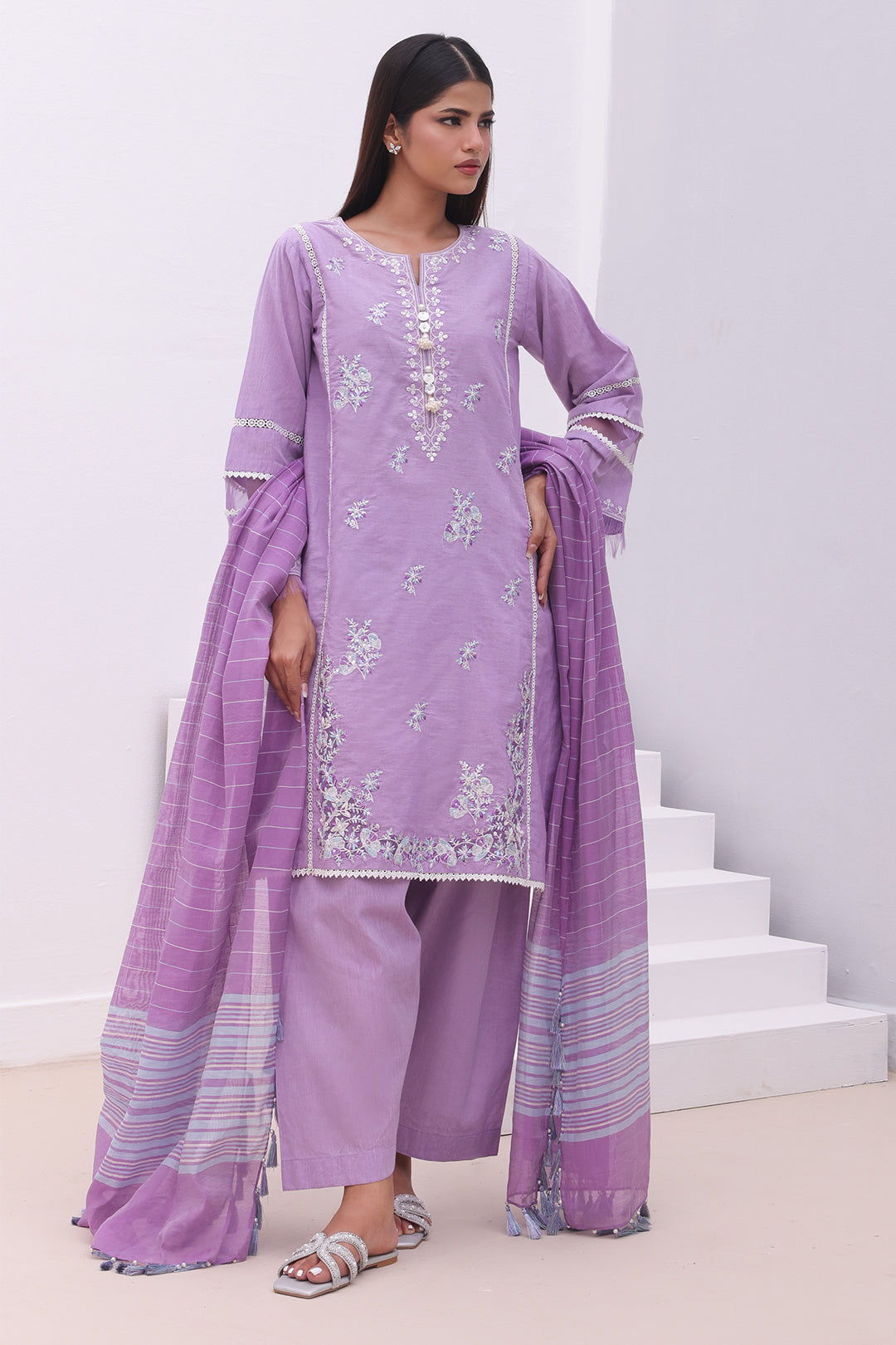 Zellbury | Unstitched 3 Piece Chambray | Embroidered Shirt Shalwar Dupatta - 0145 - House Of Hania