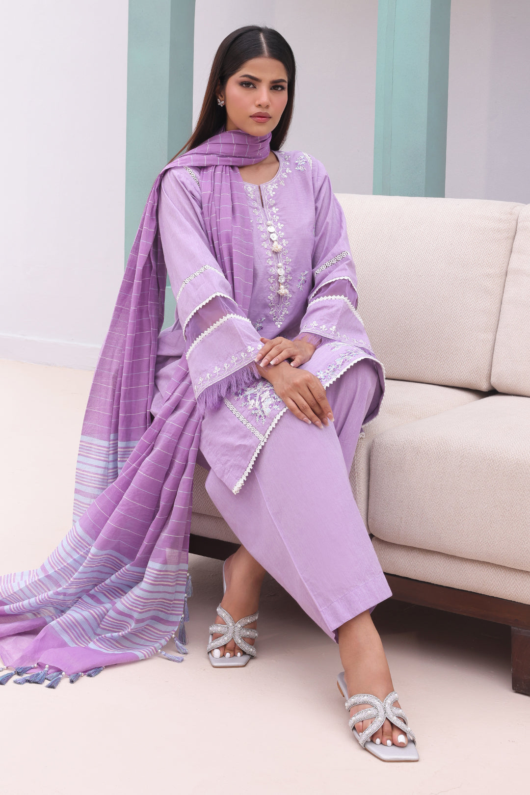 Zellbury | Unstitched 3 Piece Chambray | Embroidered Shirt Shalwar Dupatta - 0145 - House Of Hania