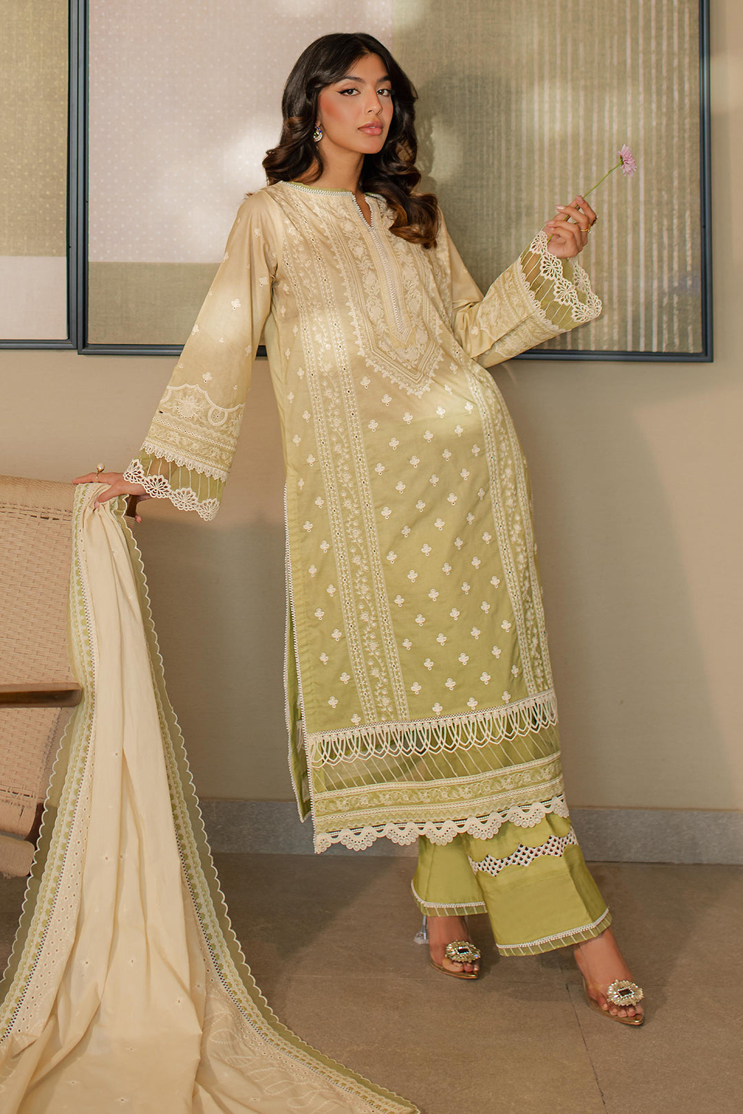 Zellbury | Unstitched 3 Piece Chikankari | Embroidered Shirt Shalwar Dupatta - 0702 - House Of Hania
