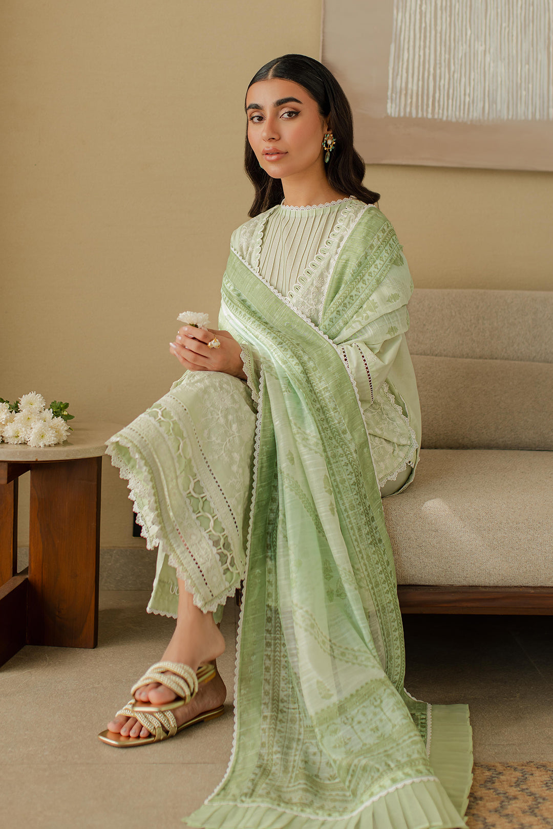 Zellbury | Unstitched 3 Piece Chikankari | Embroidered Shirt Shalwar Dupatta - 0706 - House Of Hania