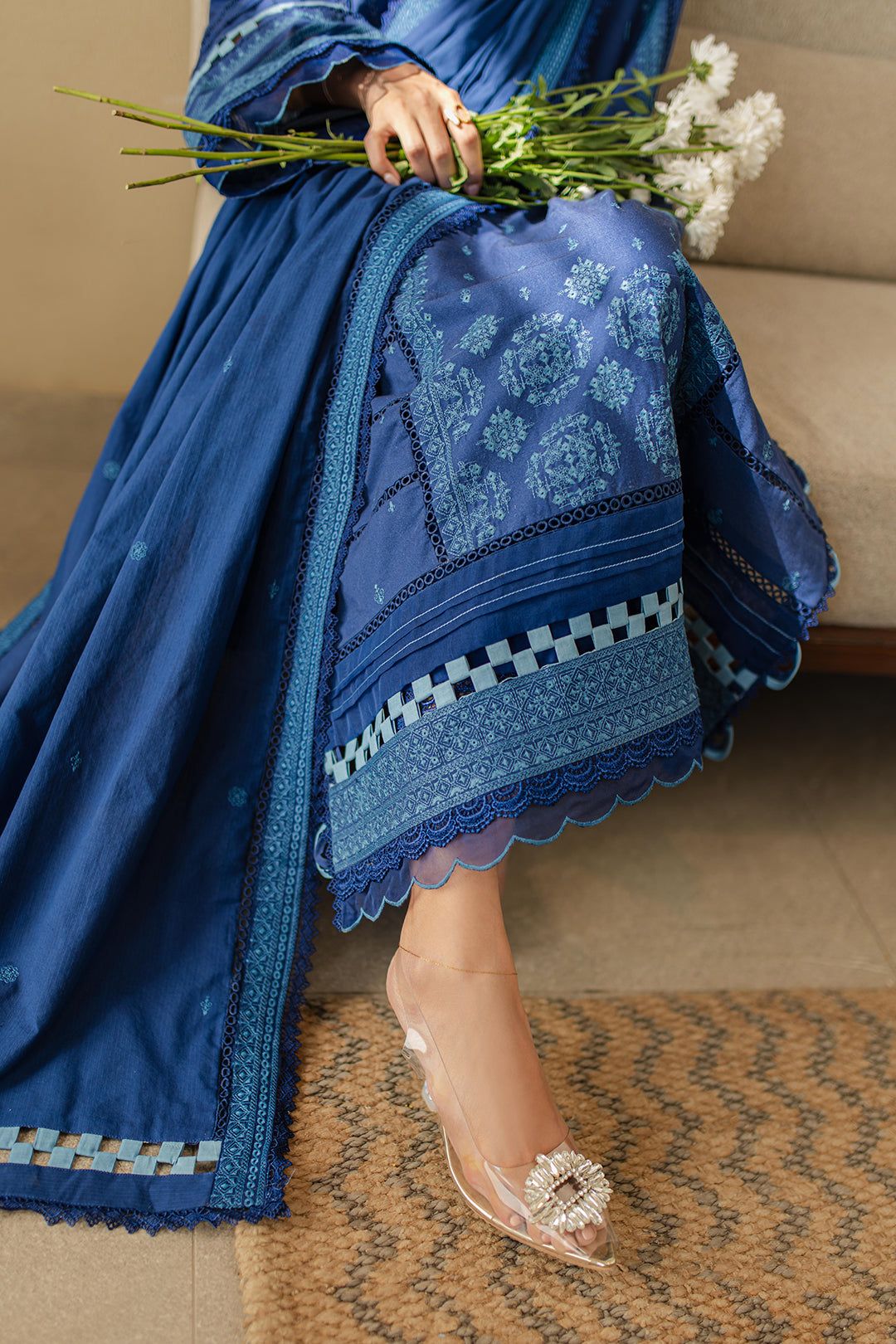 Zellbury | Unstitched 3 Piece Chikankari | Embroidered Shirt Shalwar Dupatta - 0711 - House Of Hania