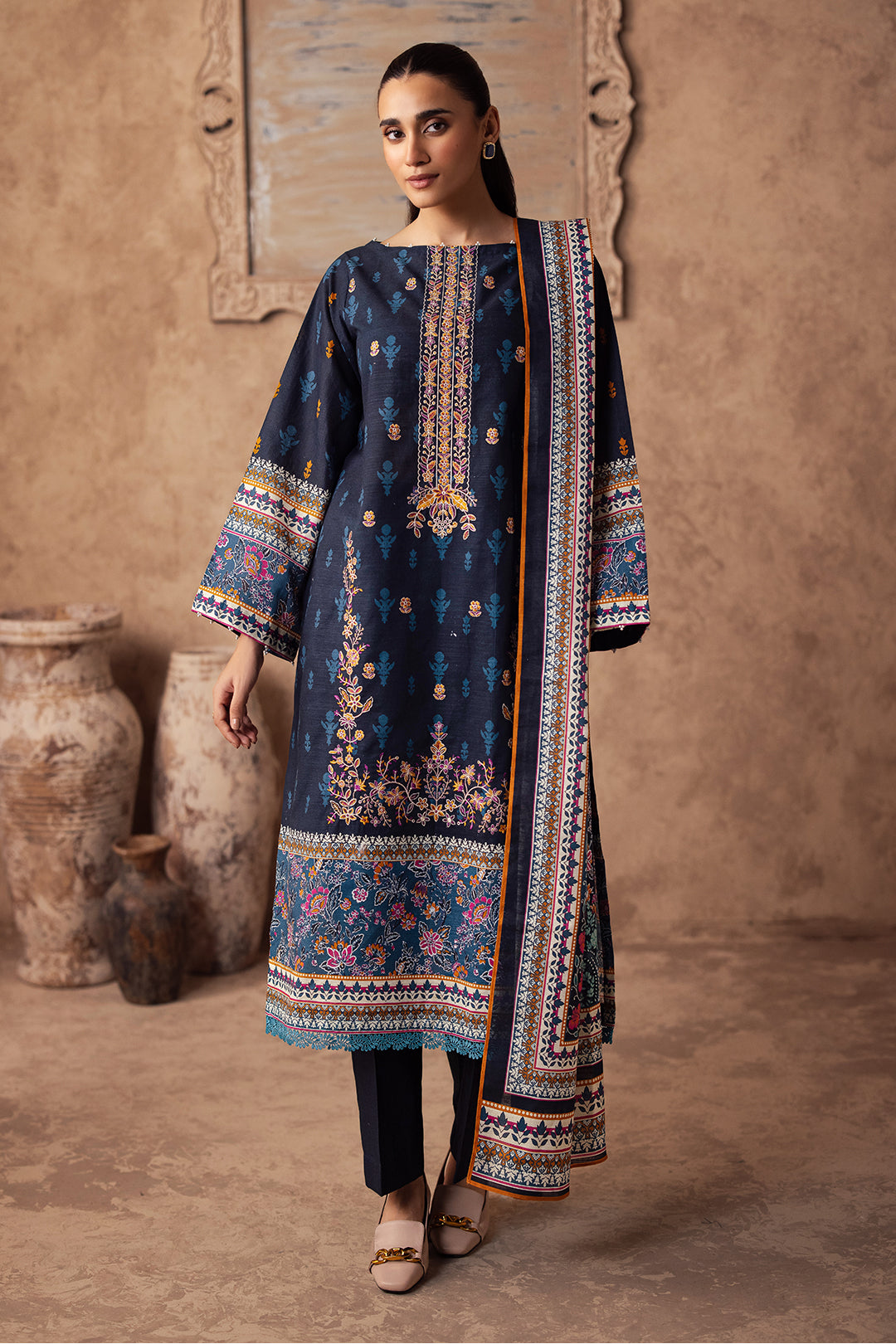 Zellbury | Unstitched 3 Piece Khaddar | Embroidered Shirt Shalwar Dupatta - 0225 - House Of Hania