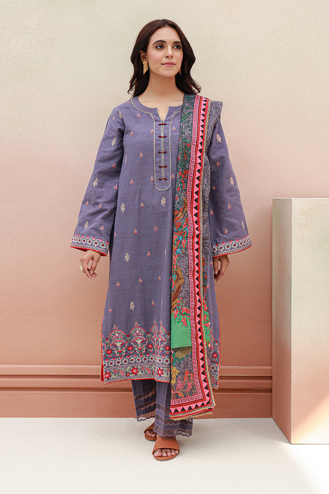 Zellbury | Unstitched 3 Piece Khaddar | Embroidered Shirt Shalwar Dupatta - 0846 - House Of Hania