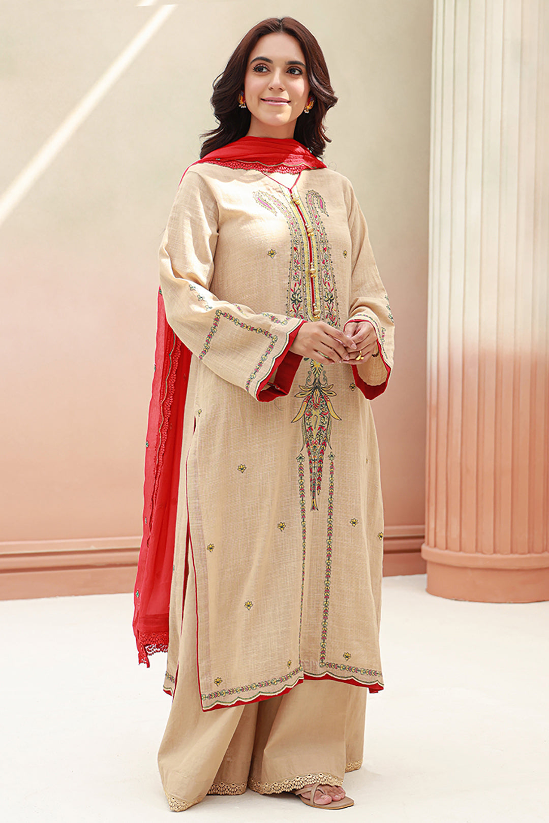 Zellbury | Unstitched 3 Piece Khaddar | Embroidered Shirt Shalwar Dupatta - 0847 - House Of Hania