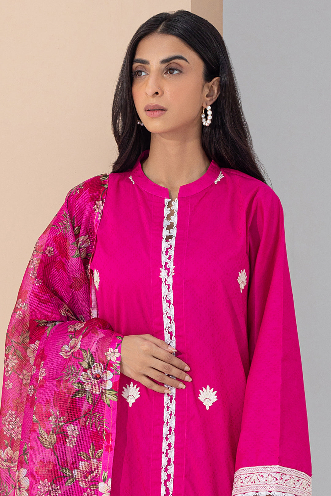 Zellbury | Unstitched 3 Piece Pink | Embroidered Shirt Shalwar Dupatta - 0365 - House Of Hania