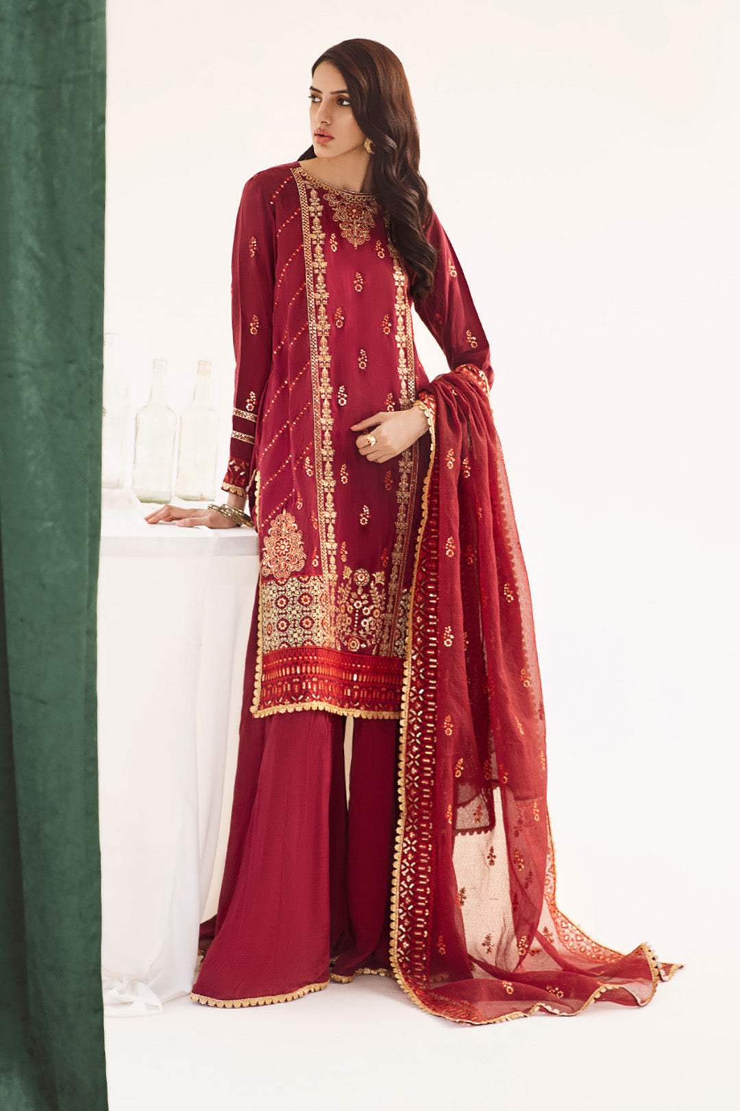 Zellbury | Unstitched 3 Piece Raw Silk | Embroidered Shirt Shalwar Dupatta - 0297 - House Of Hania