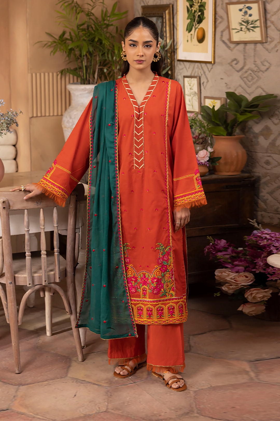 Zellbury | Unstitched 3 Piece Red | Embroidered Shirt Shalwar Dupatta - 1136 - House Of Hania