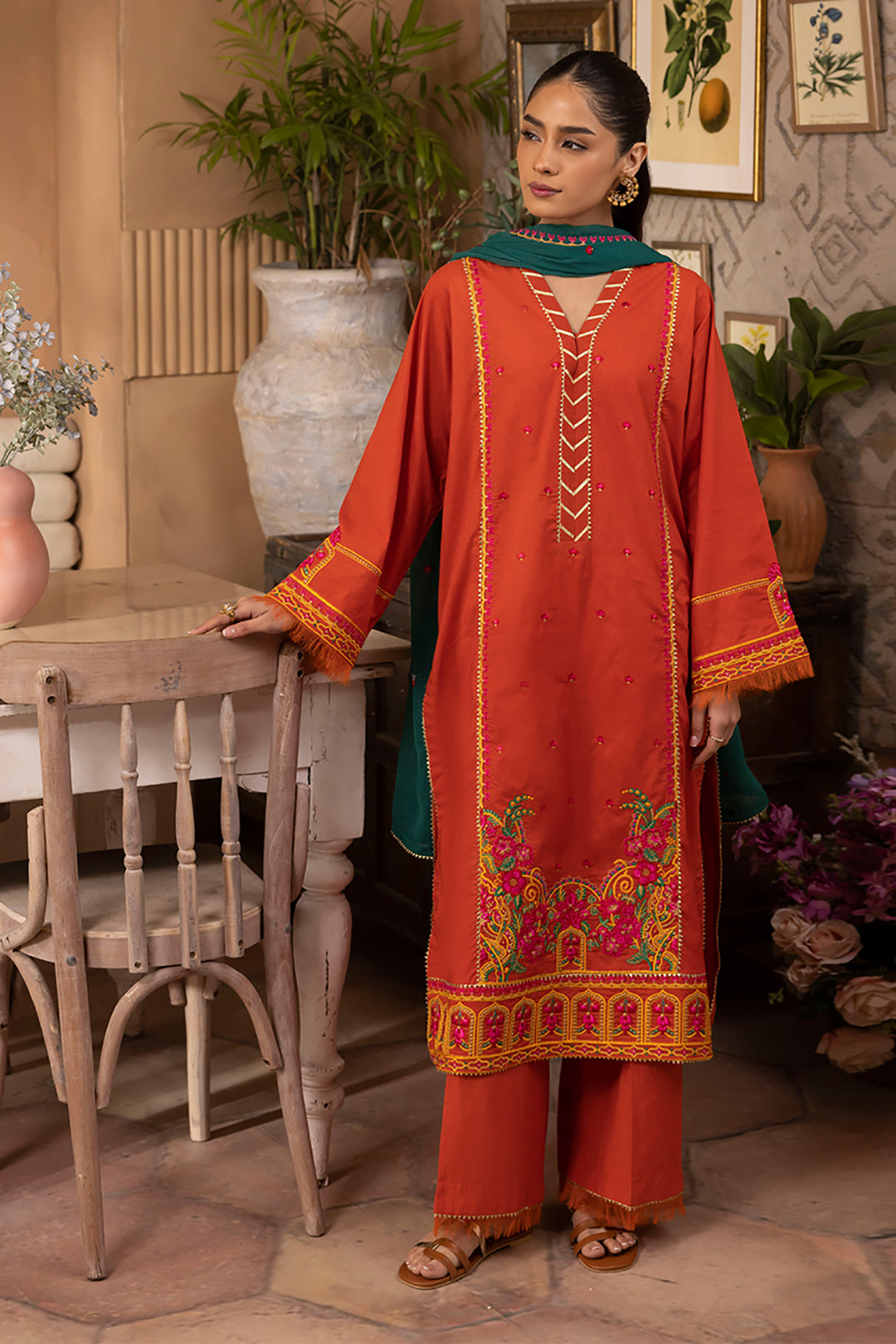 Zellbury | Unstitched 3 Piece Red | Embroidered Shirt Shalwar Dupatta - 1136 - House Of Hania