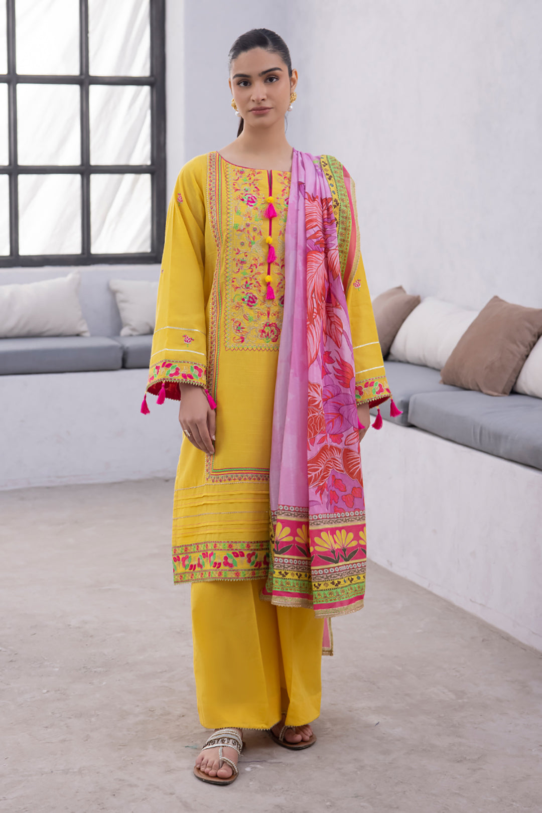 Zellbury | Unstitched 3 Piece Yellow | Embroidered Shirt Shalwar Dupatta - 1126 - House Of Hania