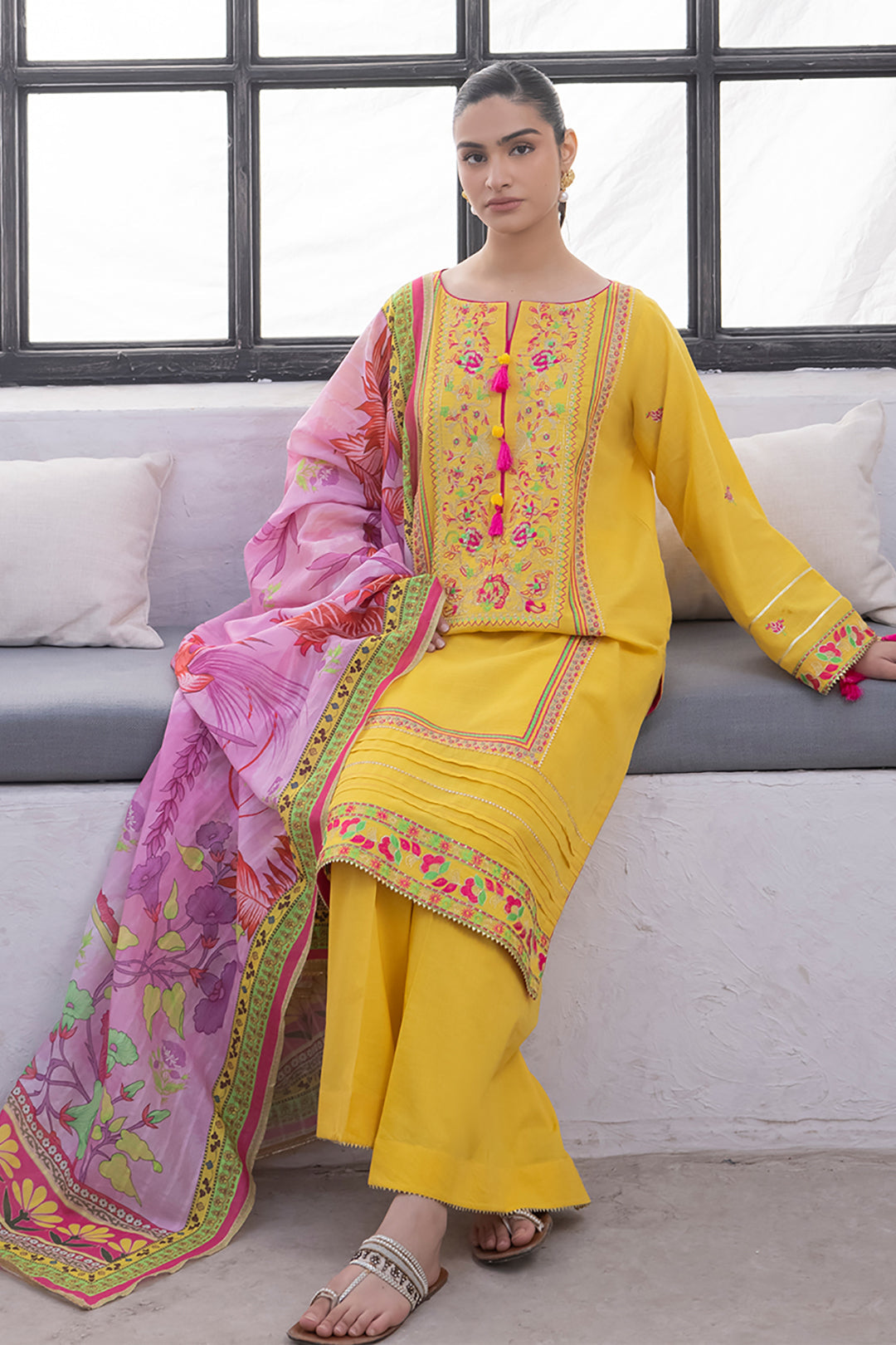 Zellbury | Unstitched 3 Piece Yellow | Embroidered Shirt Shalwar Dupatta - 1126 - House Of Hania