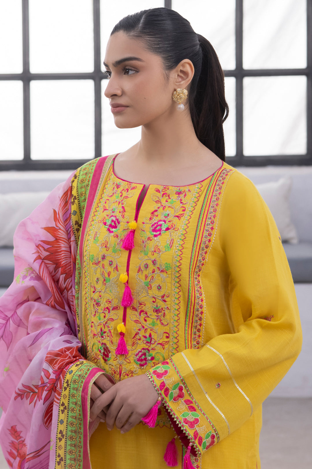 Zellbury | Unstitched 3 Piece Yellow | Embroidered Shirt Shalwar Dupatta - 1126 - House Of Hania