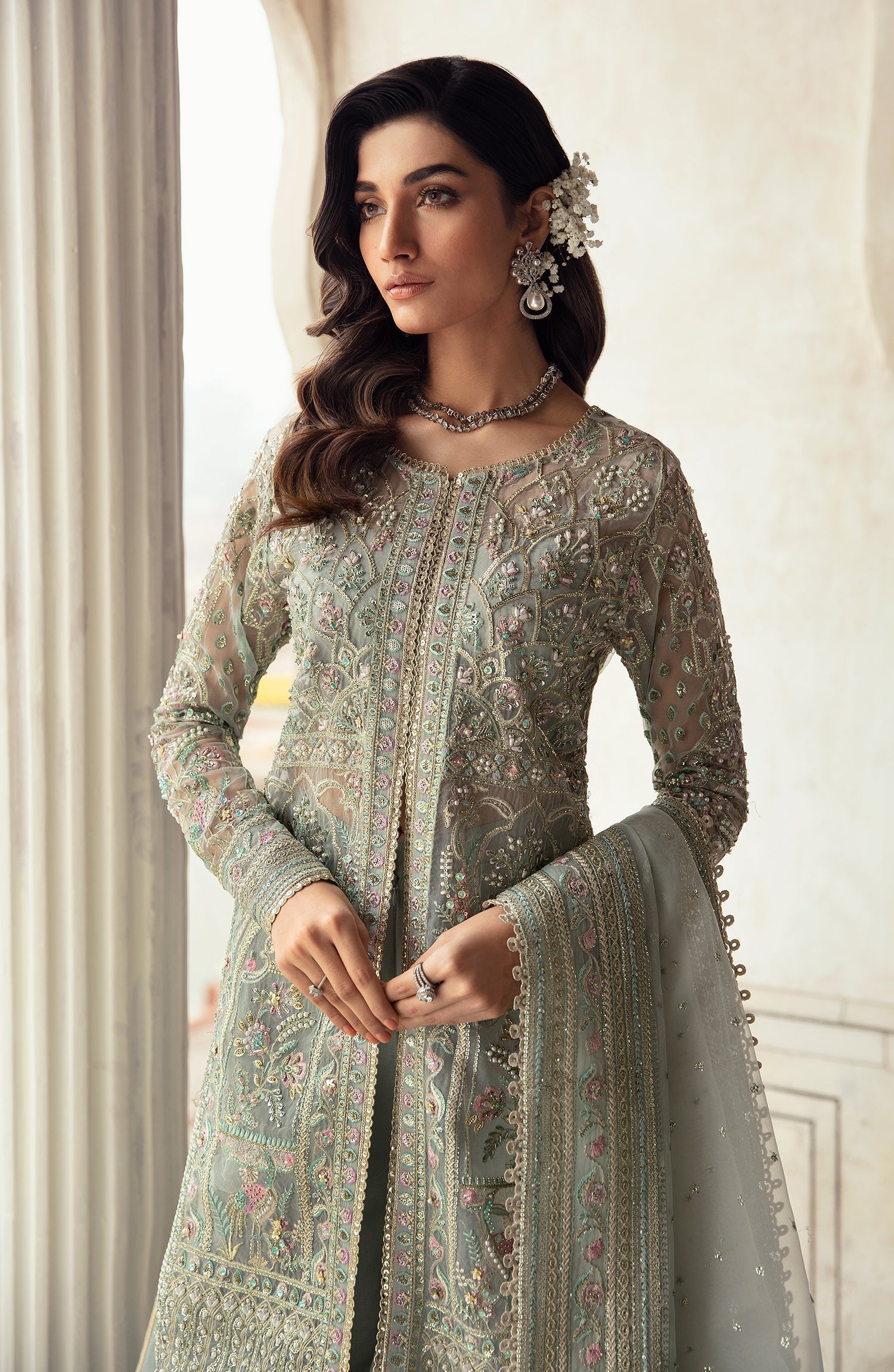 Zevk Afsanah Luxury Embroidered Organza 3Pc Suit - Akks - House Of Hania