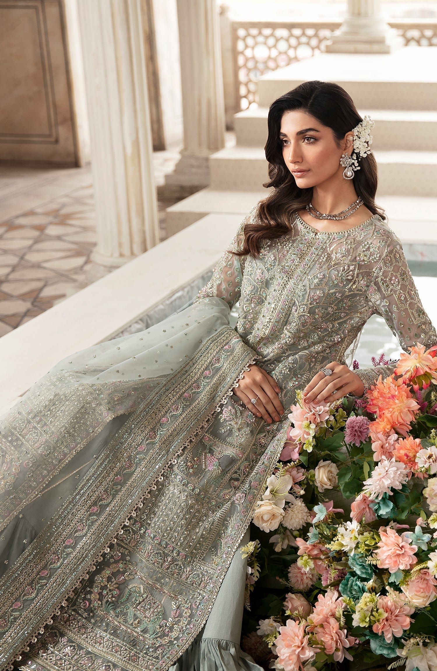 Zevk Afsanah Luxury Embroidered Organza 3Pc Suit - Akks - House Of Hania