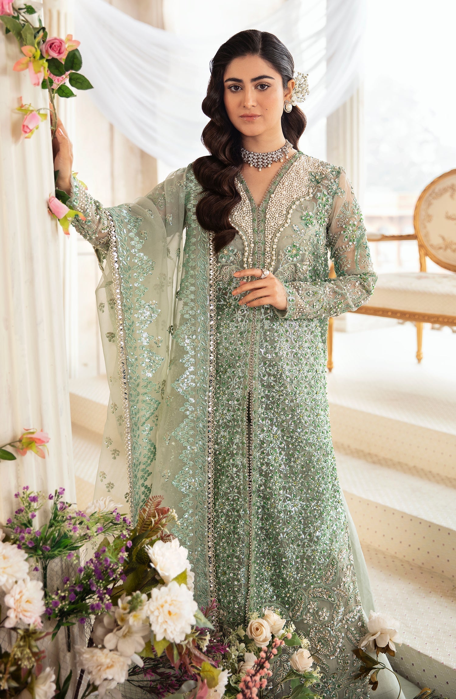 Zevk Afsanah Luxury Embroidered Organza 3Pc Suit - Wasaabi - House Of Hania